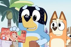 an animated dog holding up a card with two other dogs around it and palm trees in the background