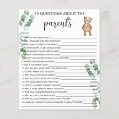 a printable baby shower game with eucalyptus leaves and a teddy bear on the top