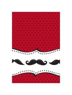 a red background with black and white mustaches on the bottom, and dots in the middle