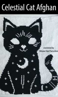 Crochet afghan featuring a mystical celestial cat design with a magical theme. Celestial Crochet Blanket, Cat Crochet Blanket, Mini C2c Crochet, Celestial Crochet, Cat Afghan, Mystical Cat, Bracelet Loom, Black And White Words, Cat Crochet