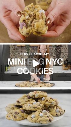 two pictures showing how to make mini egg and chocolate chip cookies with text overlay that reads, how to make my