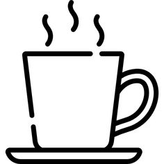 a coffee cup with steam rising out of it on a saucer, black and white