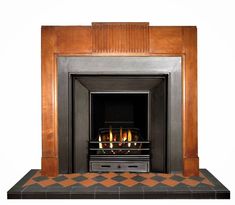 a fire place with a checkered tile floor and wood paneling on the sides