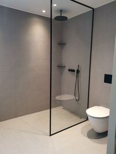 a white toilet sitting next to a shower in a bathroom under a skylight,