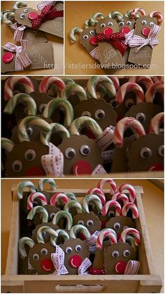 several different pictures of gingerbread cookies in a box with candy canes on them