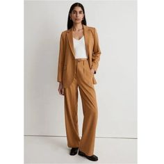 Crafted Of Our Soft Drapeweave Tencel Lyocell And Linen Twill, These Straight-Leg Pants Have A Partially Elasticized Waist. Pair With The Matching Blazer For A Wear-All-Day Suit. Wide Leg High Waisted Trousers In Mustard Brown 67% Viscose/30% Tencel Lyocell/3% Linen. Do Well: Tencel Lyocell Fibers Are Derived From Sustainable Wood Sources In A Closed-Loop Process. Machine Wash. Size 10 Across Waist 15.5” Rise 13” Inseam 30” New With Tags 1b Tags: Preppy Modern Contemporary Chic Trendy Work Offic Linen Pants Suit, Business Casual Fall, Vest Crop Top, Cropped Vest, Madewell Denim, Blazer Outfits, Chic Woman, High Waisted Trousers, Fall Wardrobe