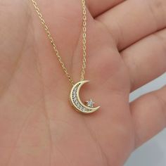 "14K Solid Gold Moon Star Necklace, Crescent Gold Necklace, Dainty Gold Pendant, Handmade Jewelry, Minimalist Jewelry, Valentines Day Gift 🧿 Welcome to GDjeweltr special jewelry for yourself and loved ones. All our jewelery is made by handmade in our workshop as custom. Please take a look my store to see our handmade necklaces, rings, earrings and bracelets collection. ⭐ Details: * Material : 14K Solid Gold * Finished color : Yellow Gold, White Gold, Rose Gold. * Necklace style    : Minimalist Small Necklace, Solid Gold Chains, Gold Moon, Gifts For My Boyfriend, Special Jewelry, Bracelet Collection, Minimalist Necklace, Star Necklace, Stars And Moon