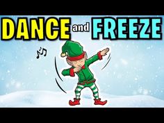 a cartoon character dancing in the snow with words dance and freeze on it's side