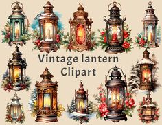 vintage lantern clipart with christmas decorations and lights