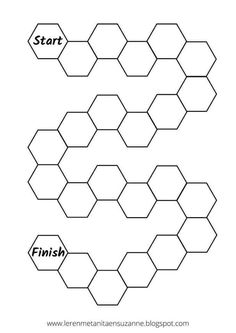 three hexagonals with the words start and finish in black ink on a white background