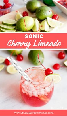 a drink with limes, cherries and lemonade in it on a table