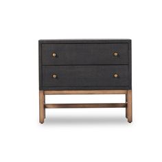 the sideboard with two drawers is made from wood and has brass knobs on each drawer