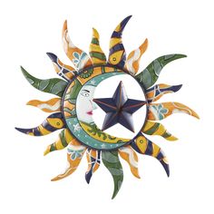 a decorative sun and moon wall clock with stars on it's face, painted in multicolors