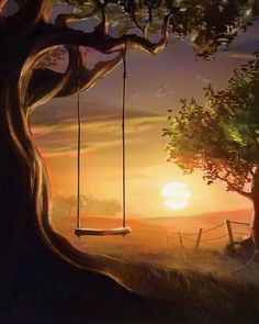 a painting of a sunset with two swings in the foreground and a tree on the far side