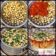 four pictures show different types of pasta and sauces in pans, with one being cooked