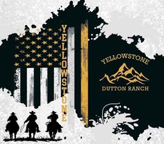 two men riding horses in front of an american flag with the words yellowstone on it