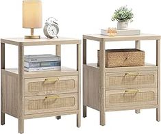 two nightstands with baskets on each side and a lamp next to them, both in natural wood