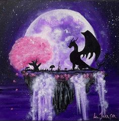 an acrylic painting of two dragon sitting on a cliff in front of a full moon