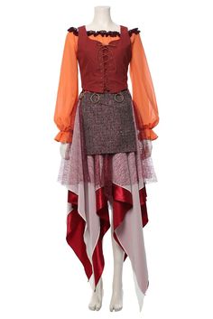 a mannequin with an orange top and red skirt