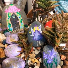 some rocks are sitting on the ground with plants and rocks in front of them that look like little fairy houses