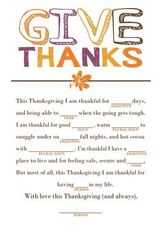 a thanksgiving card with the words give thanks written in orange, purple and green on it