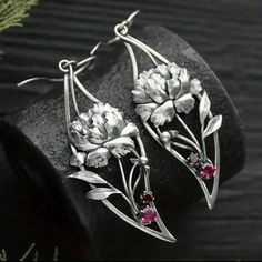 Exquisite Rose Design Metal Earrings. New Elegant, Silver Plated. Adorned With Red Rhinestones. Pearl Statement Earrings, Metal Drop, Leaf Jewelry, Hanging Earrings, Chic Jewelry, Red Stone, Rose Earrings, Girls Jewelry, Silver Flowers