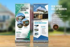 a roll up banner with an image of a house on the front and back side