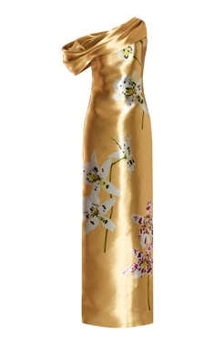 Draped Satin Column Gown By Oscar De La Renta | Moda Operandi Vintage Designer Gowns, Orchid Dress, Skirt Shapewear, Gown Gold, Fashion Stand, Column Gown, Bridal Event, Satin Gown, Hair Fragrance