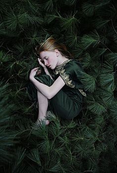 a woman sitting in the middle of pine trees