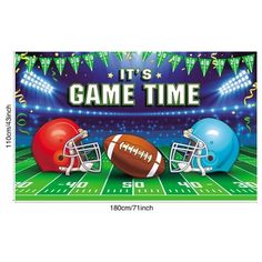 a football field with two helmets and the words it's game time