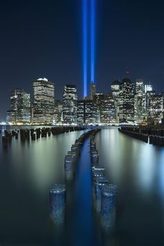 the lights of the world trade center are reflected in the water