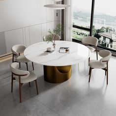 a dining table with chairs around it in front of a large window overlooking the city