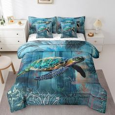 a bed room with a neatly made bed and a sea turtle on the ocean floor