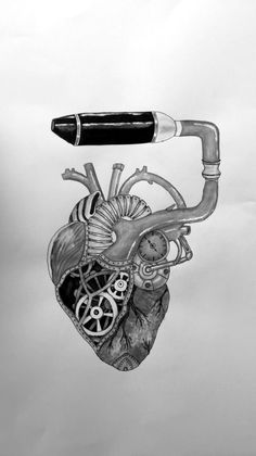 a drawing of a human heart with a pen sticking out of it