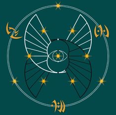 the wheel of time with gold stars and crescents around it on a green background