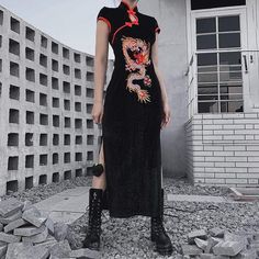 Material: Polyester;Spandex 
Weight: 0.395 KG 
Size:?S-L 
Sku: D108 Gothic Women, Mode Ulzzang, Streetwear Dress, Vintage Midi Dresses, Cheongsam Dress, Gothic Dress, Chinese Dress, Cheongsam, Embroidered Dress