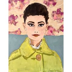 a painting of a woman wearing a green coat and pearls on her necklace, with pink flowers in the background