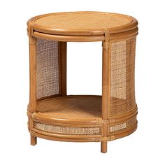 a round wooden table with wicker on the top and bottom shelf, made out of rattan