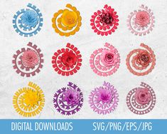 digital flowers are shown in different colors and sizes