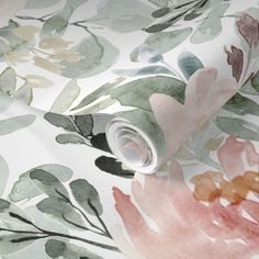 a wallpaper with watercolor flowers and leaves on it