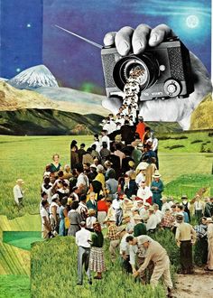 a collage of people standing in a field and taking pictures with an old camera