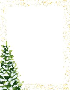 a watercolor painting of a christmas tree with snow on the ground and gold sprinkles