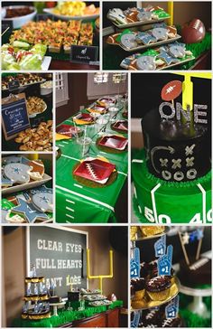 a collage of photos showing different types of desserts and food on display at a sports themed party