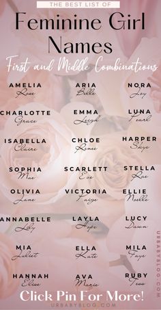 the feminine girl names and their meanings are shown in this poster, which includes pink roses