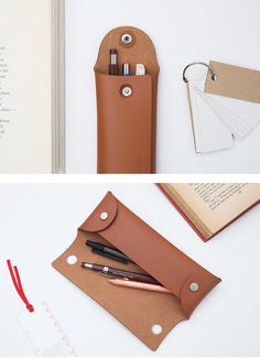 two photos showing the contents of a leather pen case