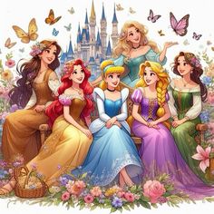 disney princesses sitting on a bench in front of a castle with butterflies and flowers