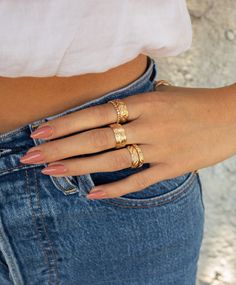 Thick banded ring with floral pattern. Gold Filled or Sterling Silver. Sizes Available: 5 - 6 - 7 - 8 - 9. If you need another size, please contact us. Pictured on models index finger.  Handmade for you in our Costa Mesa, CA studio. Comes with branded pouch. Free shipping on orders $150+ Middle Finger Ring Gold, Ring On Every Finger, Thick Fingers Nails, Nails For Gold Jewelry, Nails For Thick Fingers, Rings For Index Finger, One Finger Nail Design, Middle Finger Rings For Women, Nails With Gold Rings