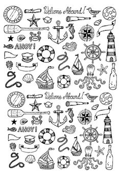 a black and white drawing of different types of marine related items on a sheet of paper