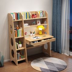 a child's desk with bookshelf and shelves in front of a window