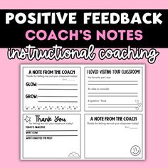 a coach's notes for instructional coaching with the words positive and negative on it